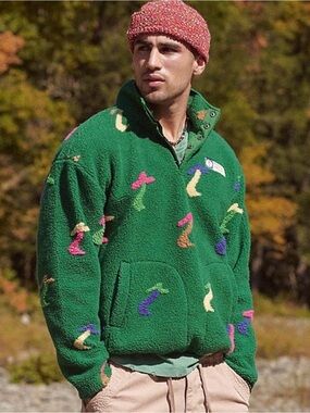 Parks Project Green Mushroom Pattern Snap Pullover Jacket Stand-Up Collar S